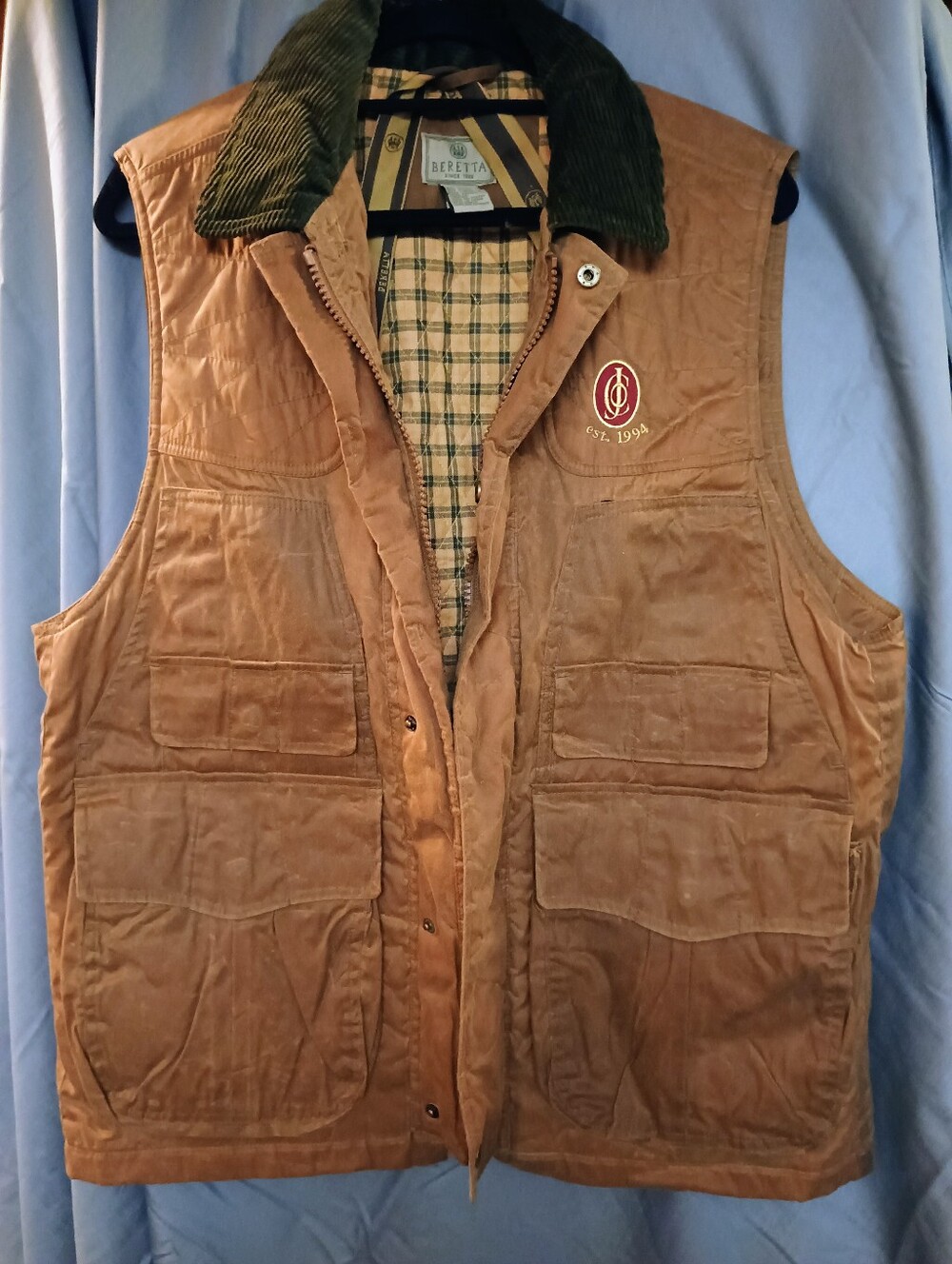 Vintage Beretta Waxed Cotton Insulated Shooting Hunting Vest Brown GU 37 L